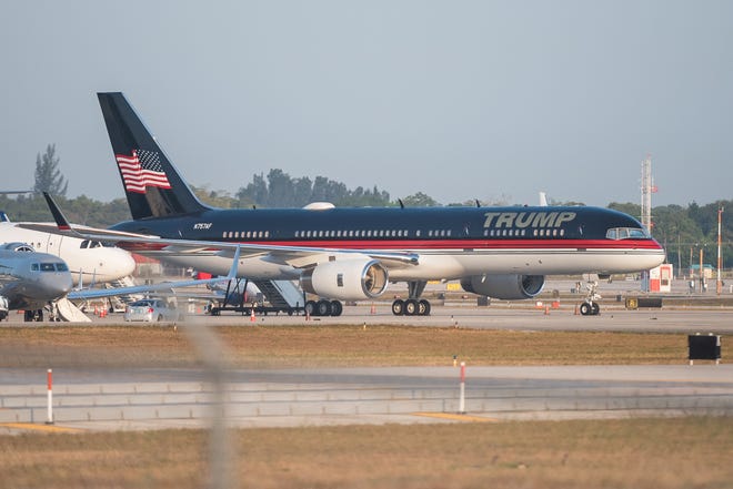 Former President Donald Trump's 757 parked at Palm Beach International Airport on Monday, April 3, 2023, in West Palm Beach, FL.