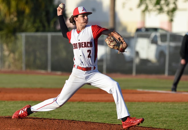 Vero's Blake Holshouser (2) throws a pitch against Sebastian River during a high school baseball game, Friday, March 17, 2023. Vero Beach won 10-3.