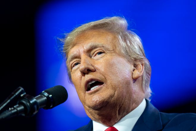 Former President Donald Trump speaks at the Conservative Political Action Conference, CPAC 2023, March 4, 2023, at National Harbor in Oxon Hill, Md. Trump will deliver remarks Tuesday, April 4, in Florida after his scheduled arraignment in New York on charges related to hush money payments, his campaign announced Sunday.