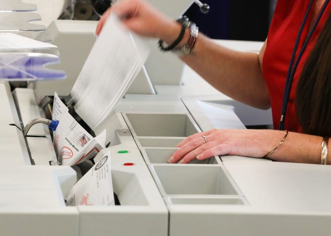 Mail ballots for the Aug. 18, 2020, primary election are counted at the Indian River County Supervisor of Elections office on Sunday, Aug. 9, 2020, in Vero Beach, Fla.