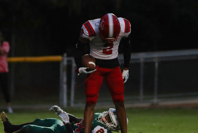 Bradford Tornadoes Chalil Cummings (2) stands in the end zone after making a touchdown during an away game against Eastside High School at Citizens Field in Gainesville, FL., on Friday, Sept. 16, 2022.  [Lauren Witte/Special to the Gainesville Sun]