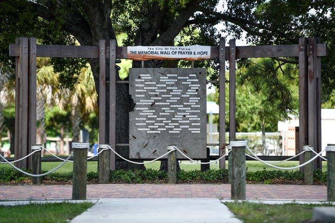 The Memorial Wall of Prayer & Hope is seen within Martin Luther King Jr. Dreamland Park on Thursday, August 4, 2022, in Fort Pierce. The memorial features the names of those killed by violence in Lincoln Park. Funding for the memorial came from Allegany Franciscian Ministries, a Catholic nonprofit.