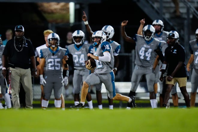 Jensen Beach High School’s defensive back Dylan Fatovich (18) runs the ball against Fort Pierce Central in a high school football game on Friday, Aug. 26, 2022 at Jensen Beach High School. Jensen Beach High School won 21-7.