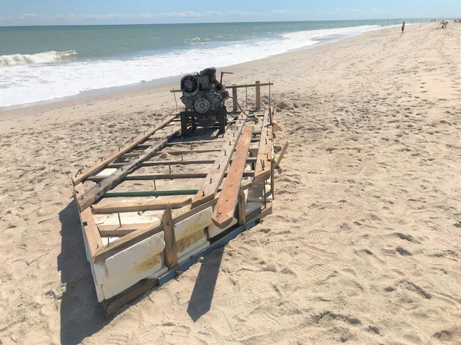 A makeshift vessel comprised of plastic foam, wooden boards and what appeared to be a large engine was found on shoreline north of Jaycee Beach Park on Wednesday Oct. 5, 2022, police said.