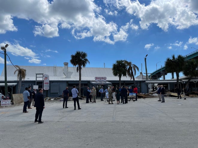 President Joe Biden is meeting with state, local and federal officials about Hurricane Ian recovery efforts Wednesday, Oct. 5, 2022, at Fisherman's Wharf. This is the scene outside the wharf.