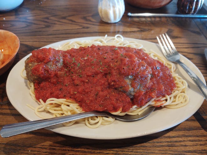 Aunt Louise’s Spaghetti and Meatballs: Spaghetti and meatballs are covered with a delicious red sauce.