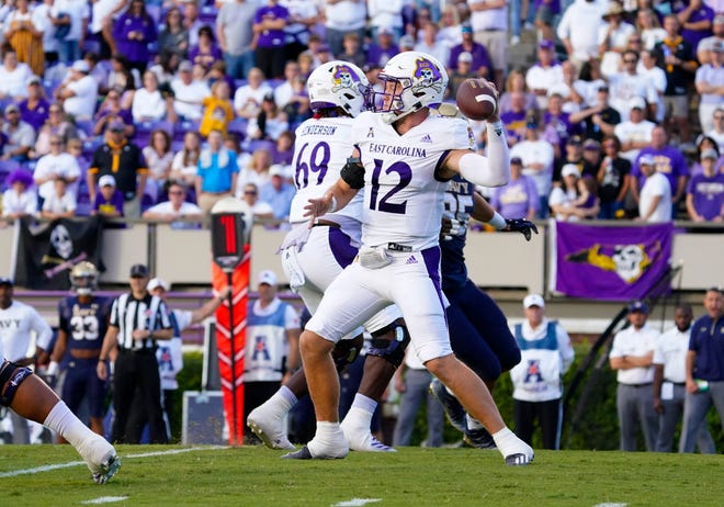 East Carolina quarterback Holton Ahlers, passing against Navy last week, threw six touchdown passes against USF Saturday in Boca Raton.