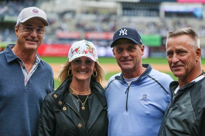 The children of Roger Maris are honored prior to the game between the Baltimore Orioles and the New York Yankees at Yankee Stadium last Sunday.