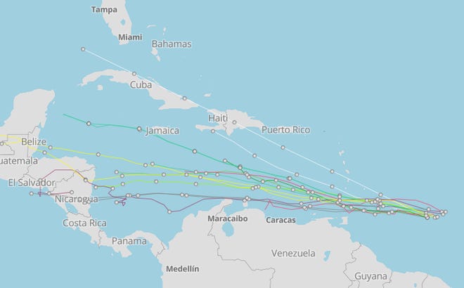 Spaghetti models for Invest 91L at 6 a.m. Oct. 4, 2022.