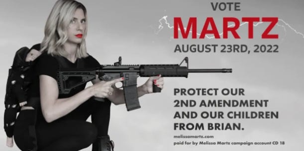 Republican candidate Melissa Martz has placed 100 signs across the Treasure Coast depicting her wielding an AR-15 style rifle with a fake child strapped to her back.