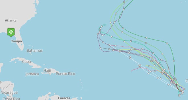 Spaghetti models for Invest 92L at 6 a.m. Oct. 4, 2022.