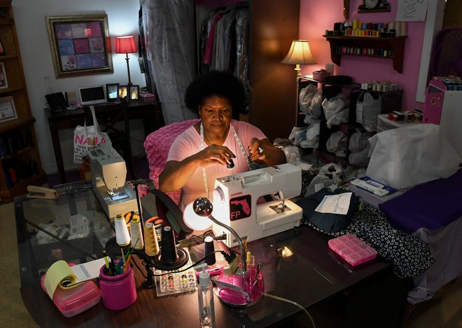 Cynthia Ashley, of Fort Pierce, works on her customer's clothing at her business, Cynthia's Alterations & More, on Tuesday, Aug. 9, 2022, on Avenue D in Fort Pierce. Ashley was able to grants from the City of Fort Pierce and Allegany Franciscan Ministries to restart her business. "If it wasn't for that grant money I wouldn't be here," Ashley said. "Because I didn't have the money so I needed to get the money from somewhere and between the City of Fort Pierce and Alleghany, that's how I was able to open this business."