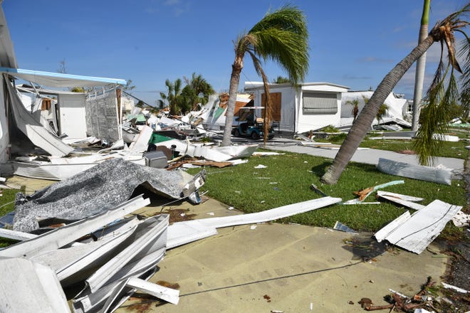 Damaged homes in Gasparilla Mobile Estates in Placida, Florida from Hurricane Ian on Thursday, Sept. 29, 2022.