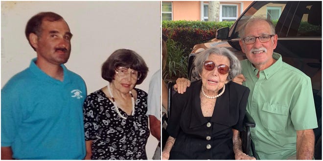 John Wakeman, a retired teacher in Martin County schools, with Louise Carnevale in photos taken 35 years apart. In the first photo, Wakeman is 34 and Carnevale is 73. In the second, Carnevale is 108 and Wakeman is 69.