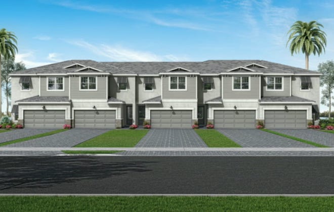 A rendering shows five, two-story townhomes slated for a residential community in Jensen Beach on Northwest Goldenrod Road. The 169-unit project approved by the Martin County Commission on Nov. 22, 2022 is to include 105 townhomes with four to five units per building.
