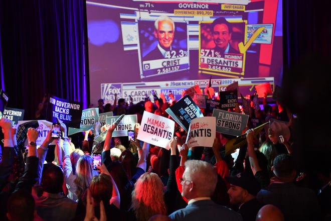 Supporters cheer as Fox News declares Florida Gov. Ron DeSantis the winner of his race Tuesday night, Nov. 8, 2022 during DeSantis' election night watch party at the  Tampa Convention Center.