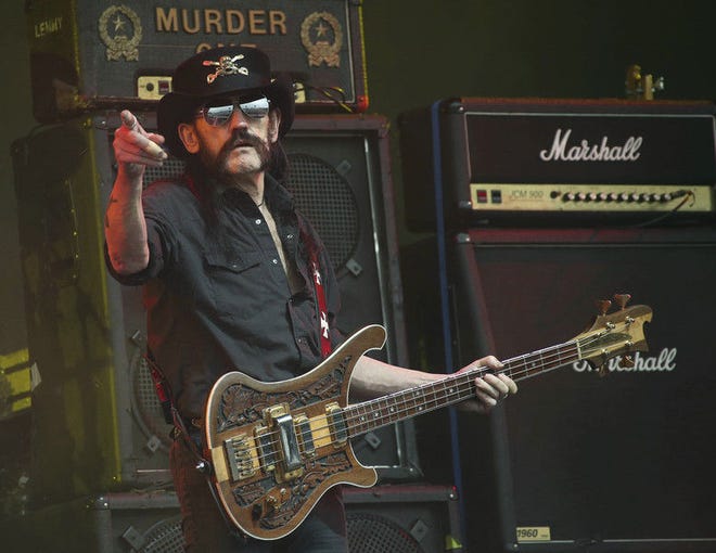 This file photo shows Motorhead bassist Lemmy Kilmister performing on the Pyramid stage during the Glastonbury Music Festival at Worthy Farm, Glastonbury, England. Ian “Lemmy” Kilmister, the Motorhead frontman whose outsized persona made him a hero for generations of hard rockers and metal heads, died in 2015.
