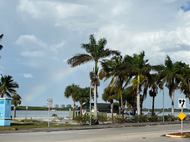 A rainbow above the Indian River Lagoon, hours after Hurricane Nicole passed through the area.