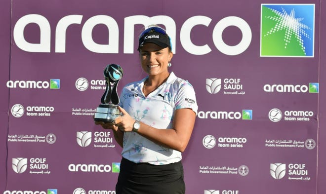 Golfer Lexi Thompson after her victory in the Aramco Team Series - New York on Oct. 15, 2022 in New York.