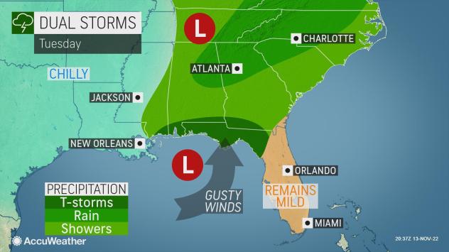 Rain is possible as a front moves through portions of Florida and all of Georgia this week.