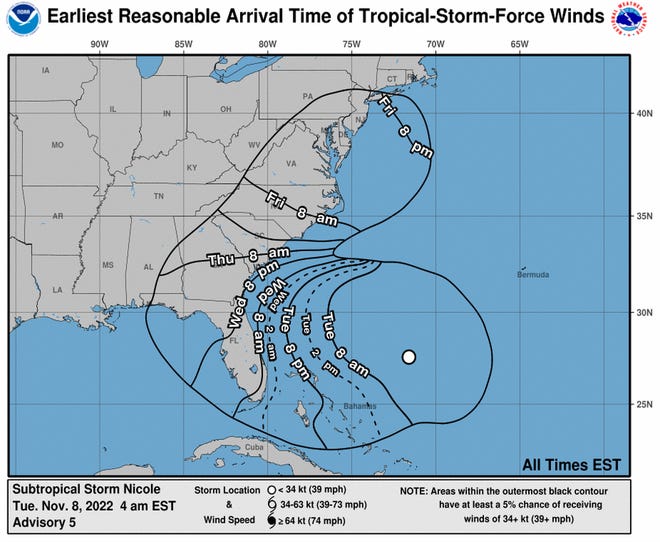 Subtropical Storm Nicole 4 a.m. Nov. 8, 2022.