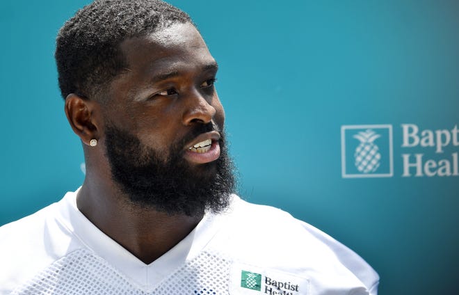 Miami Dolphins offensive tackle Terron Armstead (72) answers questions from the media during training camp at Baptist Health Training Complex, Wednesday, July 27, 2022 in Miami Gardens.