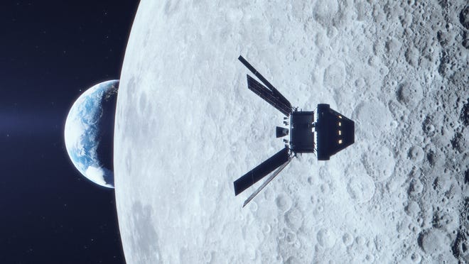 This artist's rendering shows NASA's Orion spacecraft in orbit around the moon. Artemis I is the first integrated flight test of NASA’s deep space exploration system: the Orion spacecraft, Space Launch System (SLS) rocket and the ground systems at Kennedy Space Center in Cape Canaveral, Florida.