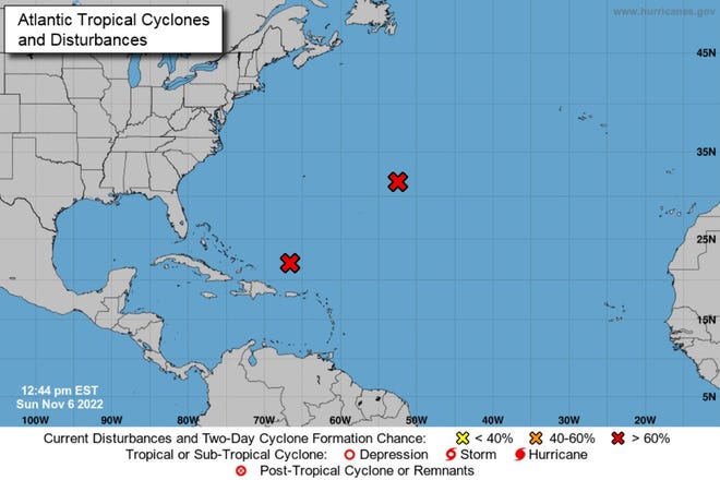 A National Hurricane Center map shows two disturbances in the Atlantic Ocean as of Sunday, Nov. 6, 2022. The system north of Puerto Rico is expected to move toward Florida and the Bahamas this week.