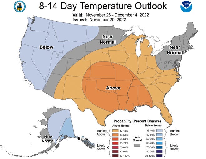 Forecasts call for temperatures above average for the week after Thanksgiving.