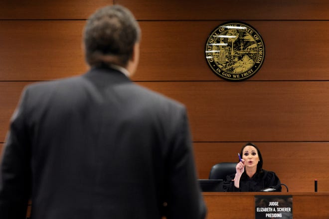In a heated exchange, Judge Elizabeth Scherer orders Broward County Public Defender Gordon Weekes to step away from the podium during the sentencing hearing for Marjory Stoneman Douglas High School shooter Nikolas Cruz at the Broward County Courthouse in Fort Lauderdale on Monday, Nov. 1, 2022. (Amy Beth Bennett/South Florida Sun Sentinel via AP, Pool)
