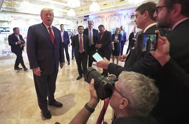 Former president Donald Trump addresses the media in the ballroom during an election watch party at Mar-a-Lago in Palm Beach, FL. Tuesday, Nov. 8, 2022. [JIM RASSOL/palmbeachpost.com]