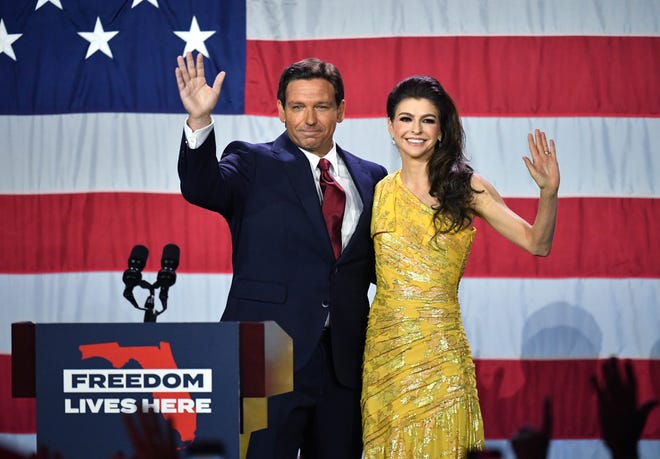 Florida Gov. Ron DeSantis, with his wife, Casey, delivers his victory speech Tuesday night, Nov. 8, 2022 at the  Tampa Convention Center.