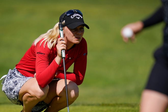 Madelene Sagstrom lines up a putt on the 11th green during the first round of the LPGA Cognizant Founders Cup on Thursday, May 12, 2022, in Clifton, New Jersey. (Photo by Seth Wenig/Associated Press)