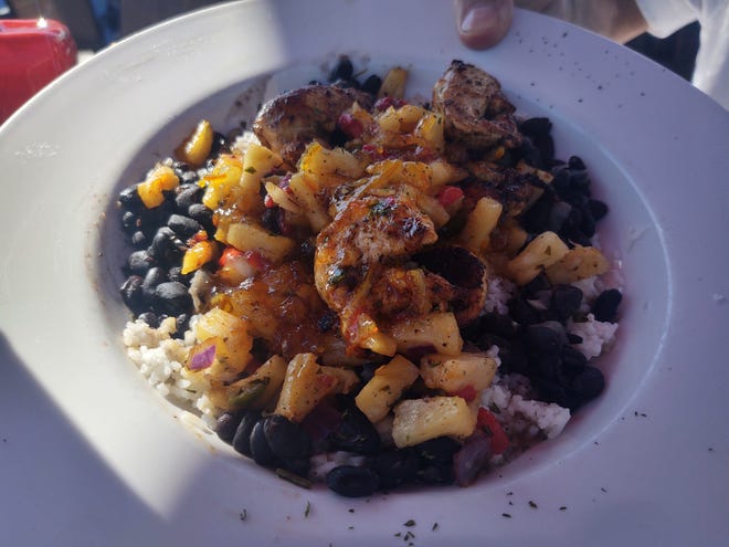 Caribbean chicken bowl with jerked chicken, coconut rice, black beans, pineapple salsa and orange marmalade sauce received excellent reviews for the combination of flavors and textures.