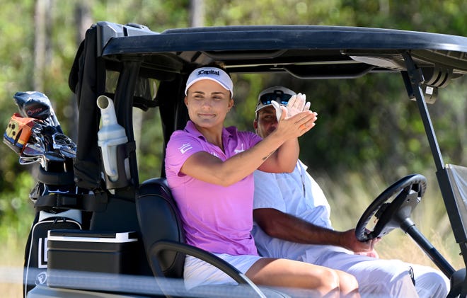 Lexi Thompson reacts to a putt on the 7th green during the 2022 CME Group Tour Golf Championship Pro-Am at the Tiburn Golf Club in Naples, Fla., Saturday, Nov. 16, 2022.