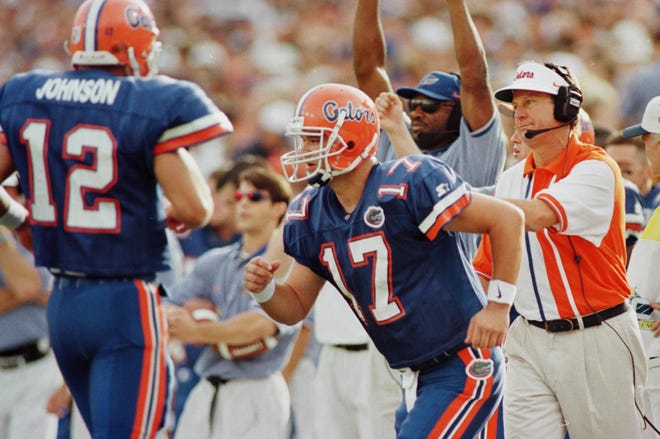 Then Florida coach Steve Spurrier shuffled quarterbacks Doug Johnson (12) and Noah Brindise (17) against Florida State during their game in November 1997.