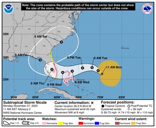 Subtropical Storm Nicole 11 a.m. Nov. 7, 2022.