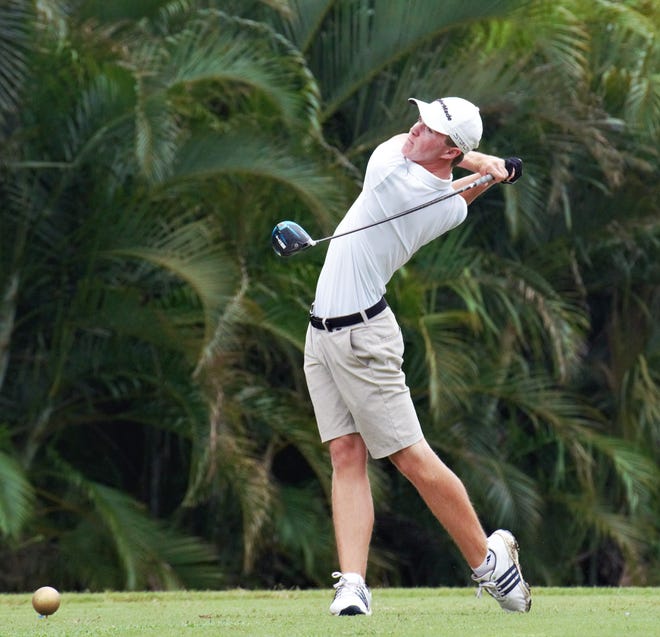 South Fork's Tyler Foegen hits his tee shot on the 5th hole during a high school golf match against Dwyer and Vero Beach on Tuesday, Oct. 18, 2022 at Hammock Creek Golf Club in Stuart.