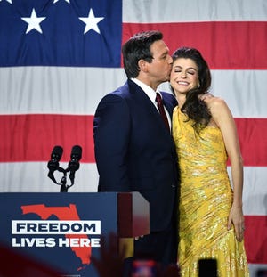 Florida Gov. Ron DeSantis, with his wife, Casey, delivers his victory speech Tuesday night, Nov. 8, 2022 at the  Tampa Convention Center.