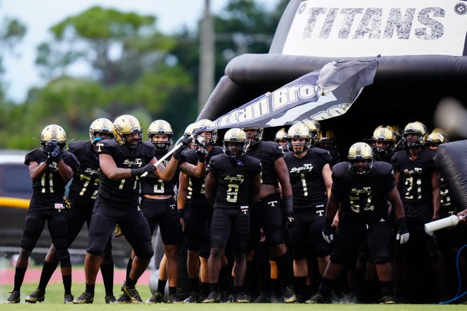 Treasure Coast High School hosts Martin County High School in a high school football game on Friday, Sept. 16, 2022 at Lawnwood Stadium in Fort Pierce. Treasure Coast won 28-7 after the game was shortened due to weather.