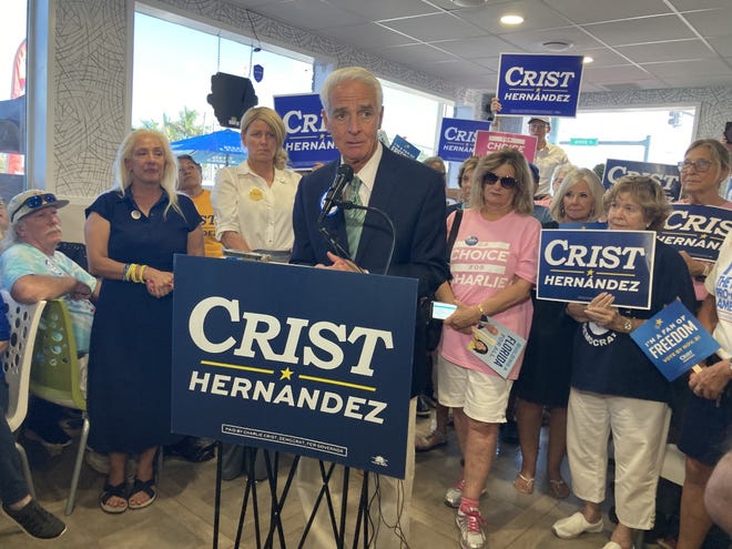 Gubernatorial candidate Charlie Crist on Monday, Nov. 7, 2022, addressed supporters at Swift Grill restaurant north of downtown Fort Pierce.