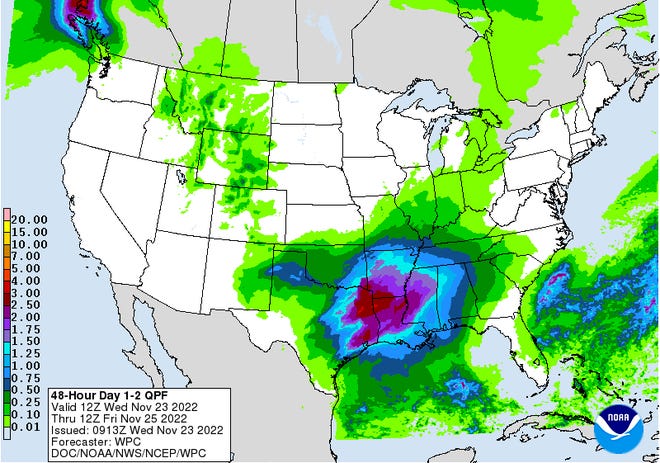 Rainfall forecast for Nov. 23-Nov. 25, 2022.