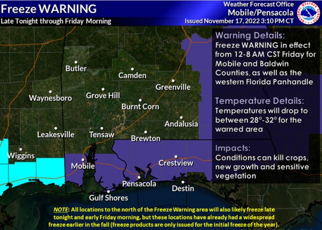 A freeze warning is in effect across Escambia and Santa Rosa counties overnight tonight.