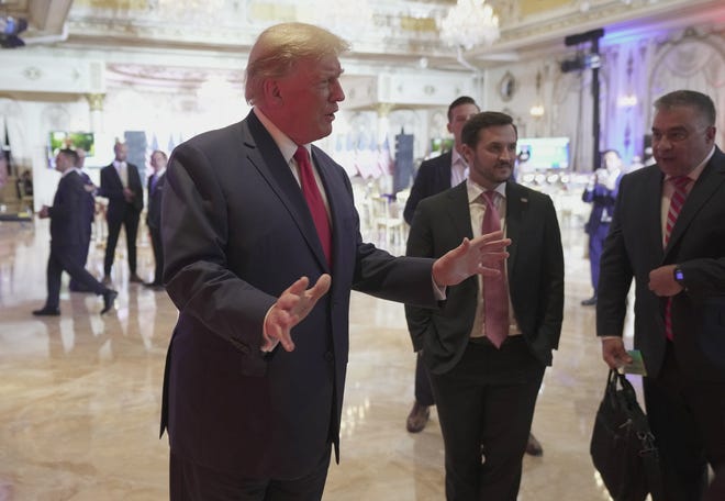 Former president Donald Trump addresses the media in the ballroom during an election watch party at Mar-a-Lago in Palm Beach, FL. Tuesday, Nov. 8, 2022.