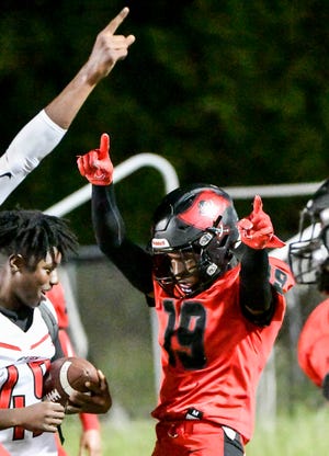 Palm Bay’s Ahmed Forehand celebrates his touchdown during the district football makeup game against Astronaut Monday, October 17, 2022. Craig Bailey/FLORIDA TODAY via USA TODAY NETWORK