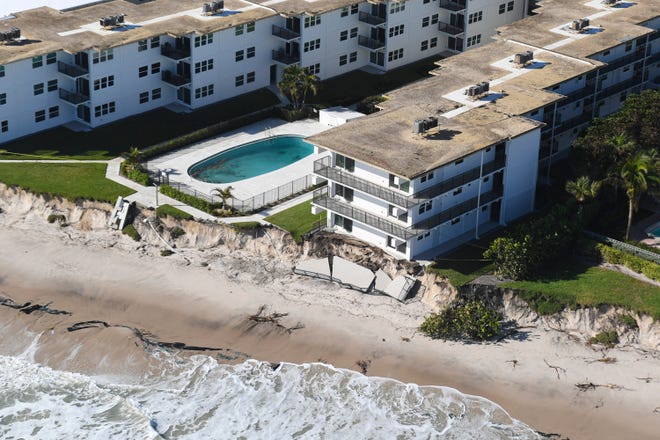 Aerial photo of structural damage and erosion at the Ocean Club condominium complex in Vero Beach on Friday, Nov. 11, 2022.