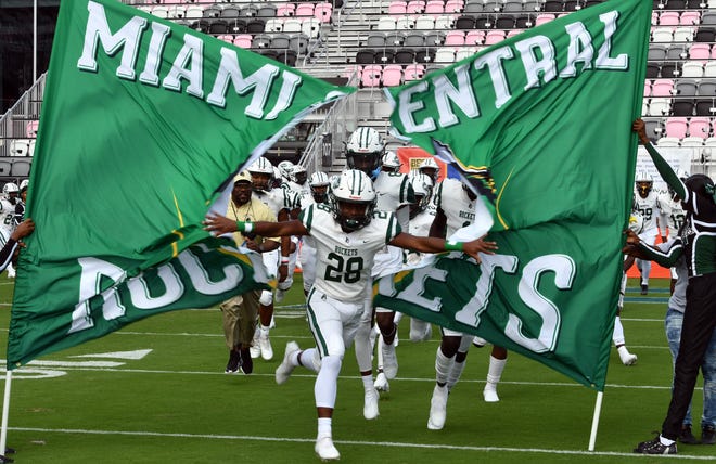 Miami Central takes the field during the Class 5A state championship game against Merritt Island at DRV PNK Stadium, Fort Lauderdale, FL  Dec. 17, 2021.