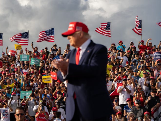 Rally goers, 45th President Donald Trump and Marco Rubio are seen at the Save America Rally at the Miami Dade County Fair and Expo in Miami on Sunday November 6, 2022.