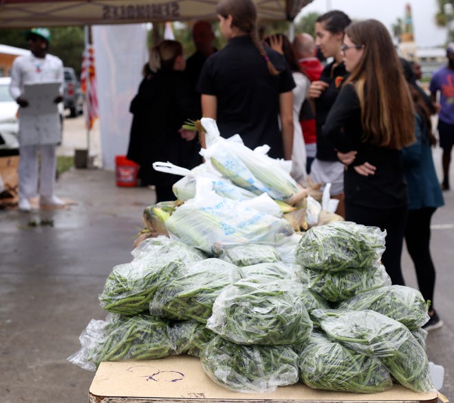 Community members and volunteers help hand out food outside of Sylvia's Flower Patch II on Tuesday, Nov. 22, 2022, in Fort Pierce during a Thanksgiving food distribution held in memory of Sylvia Tommie.