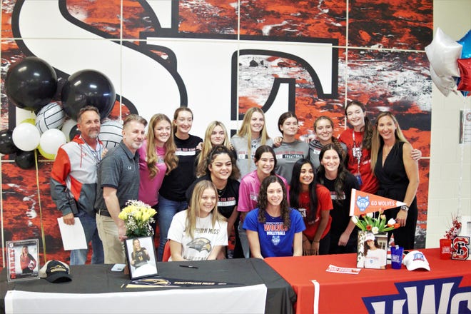 South Fork celebrated the signings of volleyball seniors Marley Navaretta and Alli Bowser on Thursday, Nov. 17, 2022 in Stuart. Navaretta, who set the program record for digs in a career with 1,359, is off to Southern Miss and Bowser, who finished her career with 894 kills to rank second all-time, will play at the University of West Georgia.